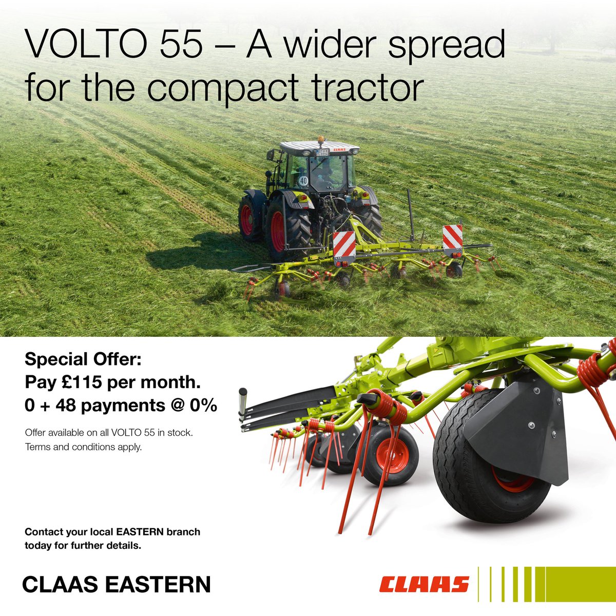 CLAAS_Eastern's tweet photo. An incredible deal for a incredible grass Tedder £115 per month for a new CLAAS VOLTO  see website for details https://t.co/i8GP4TIe9A https://t.co/OVlYafiMyG