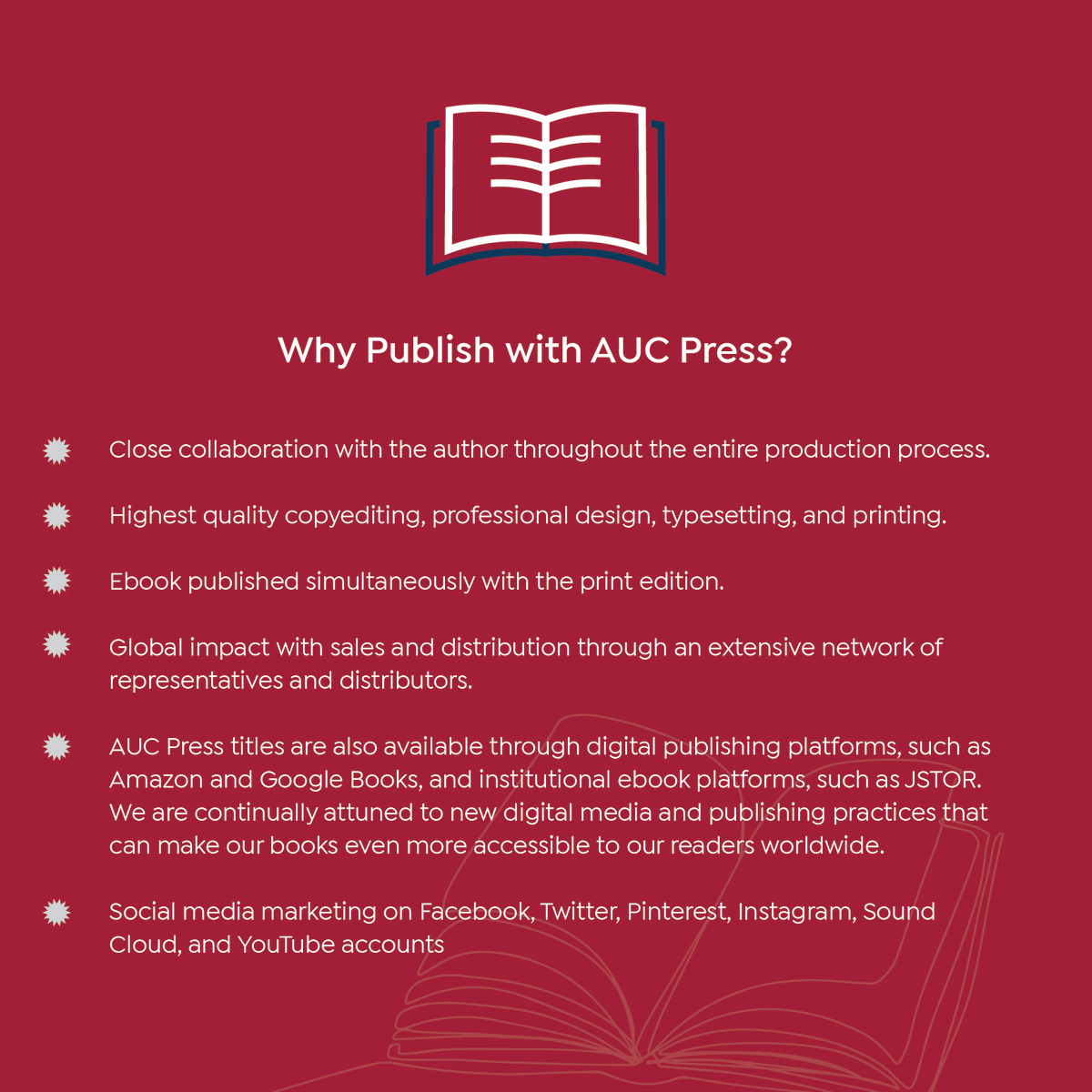 AUCPress's tweet image. Do you have a book proposal and you are not sure how to get it published?  
Learn more about AUC The American University in Cairo Press (AUC Press)' global publishing and distribution capabilities: aucpress.com/wp-content/upl… 

#publishing #books #AUCDriven
