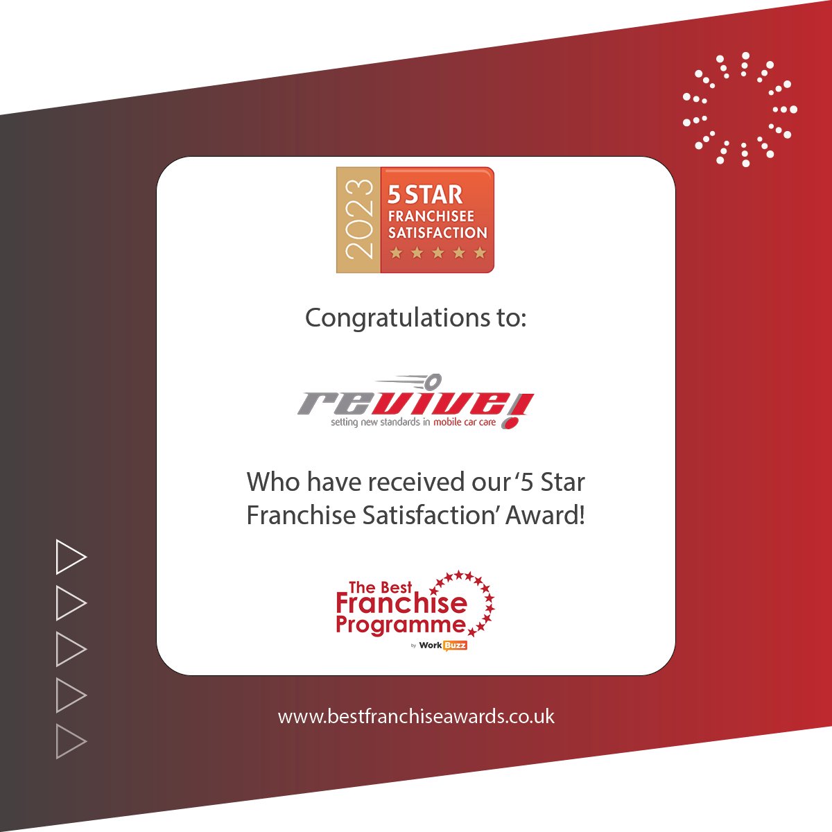 BestFranchiseAwards (@bestfranchiseuk) on Twitter photo Congratulations to the team at <a href="/Revive_UK/">Revive! UK - Bumper Scuff & Alloy Repairs</a> who have this week been awarded our 5 star franchise satisfaction award for the third consecutive year. Congratulations to the team at <a href="/Revive_UK/">Revive! UK - Bumper Scuff & Alloy Repairs</a> who have this week been awarded our 5 star franchise satisfaction award for the third consecutive year.
