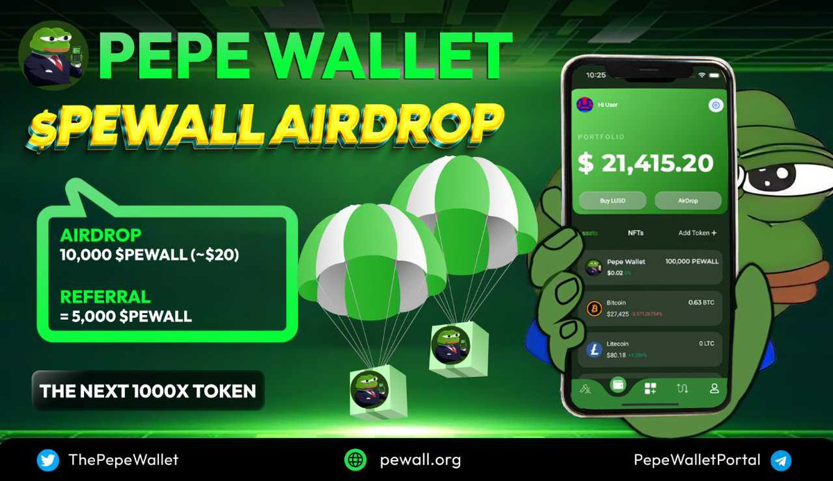 CryptoEarning17's tweet image. 📣 PEPE Wallet Airdrop Massive #Giveaway

🎁 DOWNLOAD Pepe Wallet and earn 10,000 $PEWALL (~$20)🔥

To Enter:
✅ Follow @ThePepeWallet
✅ Like &amp;amp; RT Tag 3 Friends 
✅ Finish tasks
gleam.io/competitions/7…

#Airdrop #Crypto #AirdropCrypto #airdrops