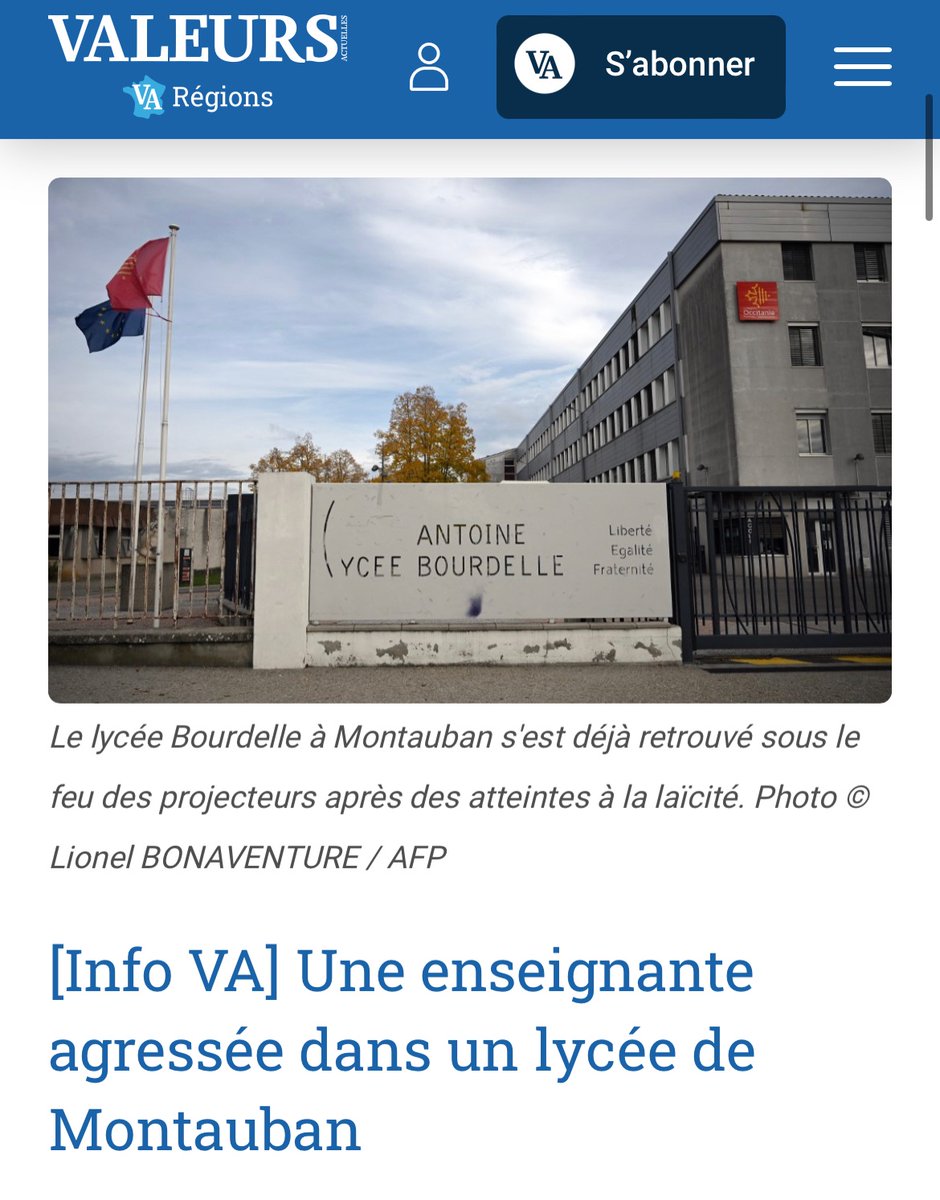Il y a quelques mois, nous alertions déjà sur les dérives au lycée Antoine Bourdelle de #Montauban où un professeur était menacé par des islamistes après avoir demandé à une élève de retirer son abaya.

Aujourd'hui, nouvelle agression d'un professeur d'Histoire suite à un cours…