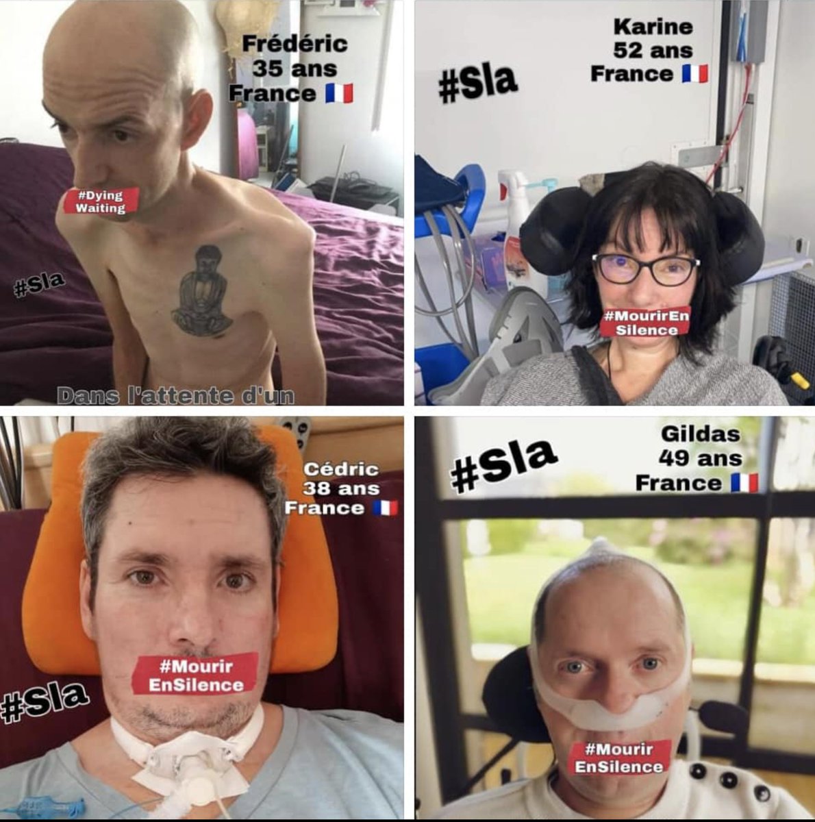 3 personnes de cette photo, toutes atteintes de la #SLA, qui dénonçait le non accès aux thérapies en France en 2021 sont récemment décédées (Frédéric, Cédric et Gildas). Aidez nous à faire valoir le droit des patients touchés par la #maladiedeCharcot ! #drugsinbodies #AAC #EAP