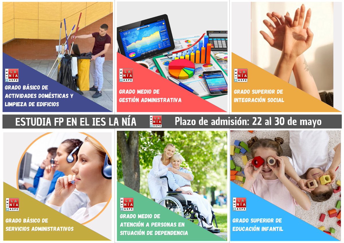 Ya está abierto el plazo de admisión para cursar estudios de FP. Hasta el 30 de mayo puedes hacer el proceso en la web 𝘁𝗲𝗹𝗲𝗺𝗮𝘁𝗿𝗶𝗰𝘂𝗹𝗮.𝗲𝘀
El <a href="/ieslaniaaspe/">IES La Nía</a> dispone de una variedad de Ciclos Formativos de Grado Básico, Medio y Superior ideales para ti
#EstudiaFPenlaNía