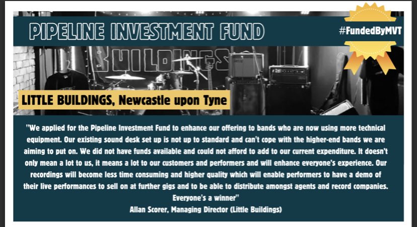 @LttleBuildings We have been awarded funding from Music Venue Trust's Pipeline Investment Fund, we are going to use it to make venue improvements such as new mixing desk and stage monitors @2funkymusiccafe
@EscapeVenue @fuelcardiff @melodistraction @thelighthouse50
#FundedByMvt