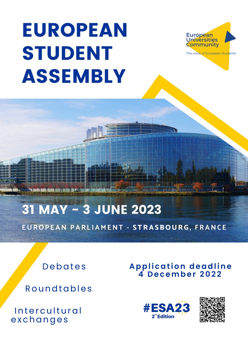 🇪🇺 From 31 May to 2 June, more than 200 students from 40 #EuropeanUniversities will attend the #EuropeanStudentAssembly in Strasbourg.

3 #EUniWell student representatives will join this 2nd meeting of the @EUC_ESA, the #ESA23!

🔗Find out more:
euniwell.eu/news-events/ar…