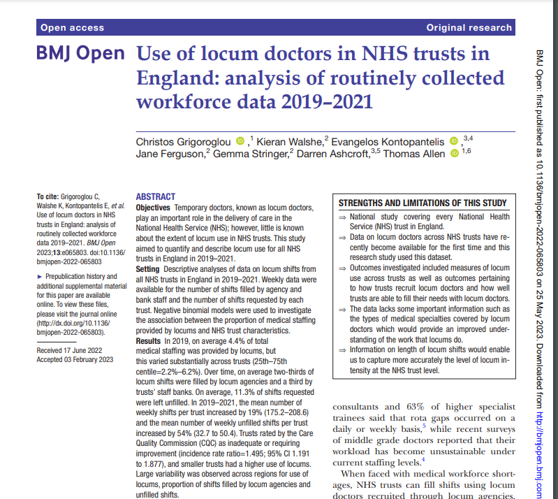 Our new paper on the use of locum doctors in NHS Trusts is published today @BMJ_Open. Locum use was stable and low at 4% of total medical staffing but there were large variations across different trusts and areas. full paper @ bmjopen.bmj.com/content/13/6/e… @NIHRresearch