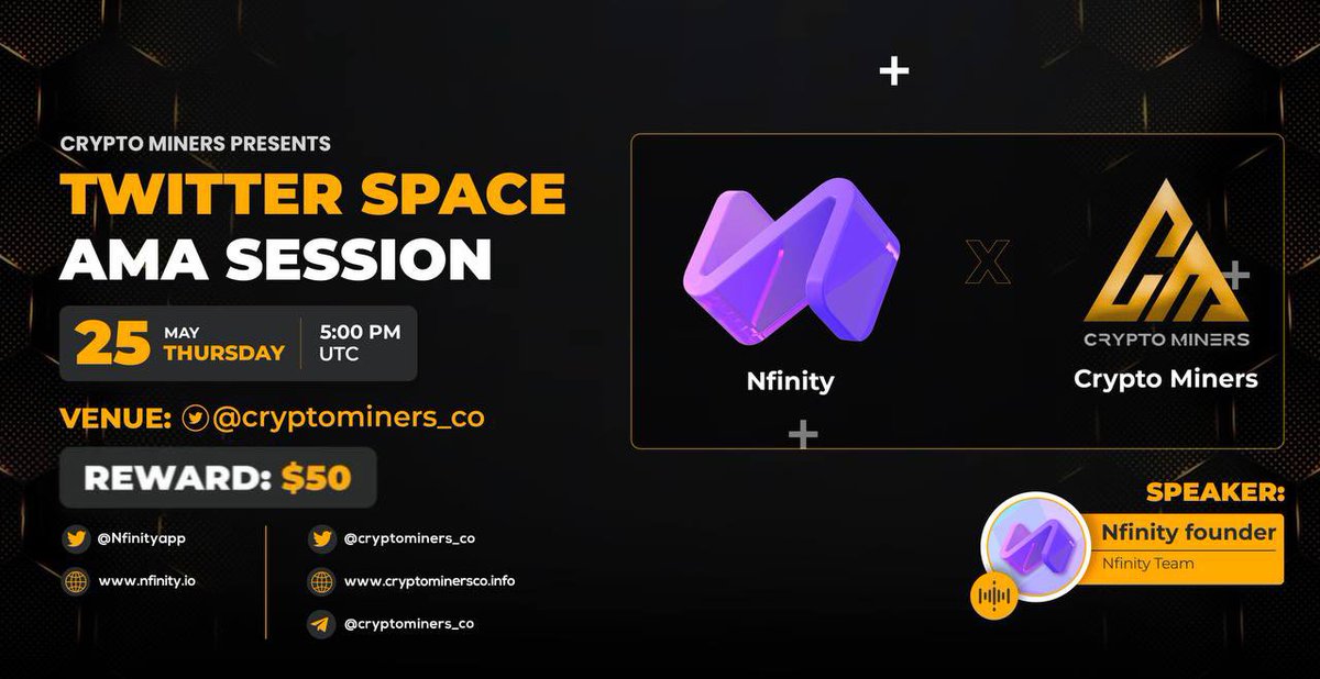 🎊Congratulations！

👏Nfinity App has surpassed 100,000 cumulative users.
🤝We're hosting an AMA with <a href="/CryptoMiners_Co/">Crypto Miners</a>
🕰️Time: 25th May at 5 PM (UTC)
🔗Link: ​t.me/CryptoMiners_Co

✍️Complete the following tasks to draw 100USDT rewards.
1⃣Like &amp; RT
2⃣Leave your ERC-20 address