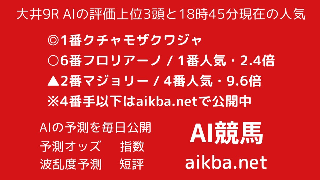 aikba666's tweet photo. ◎クチャモザクワジャ
◯フロリアーノ
▲マジョリー

大井9Rの予測ページ
https://t.co/o2djWTcMK6

#競馬予想 #地方競馬 #大井競馬 https://t.co/s8vj5VcXgJ