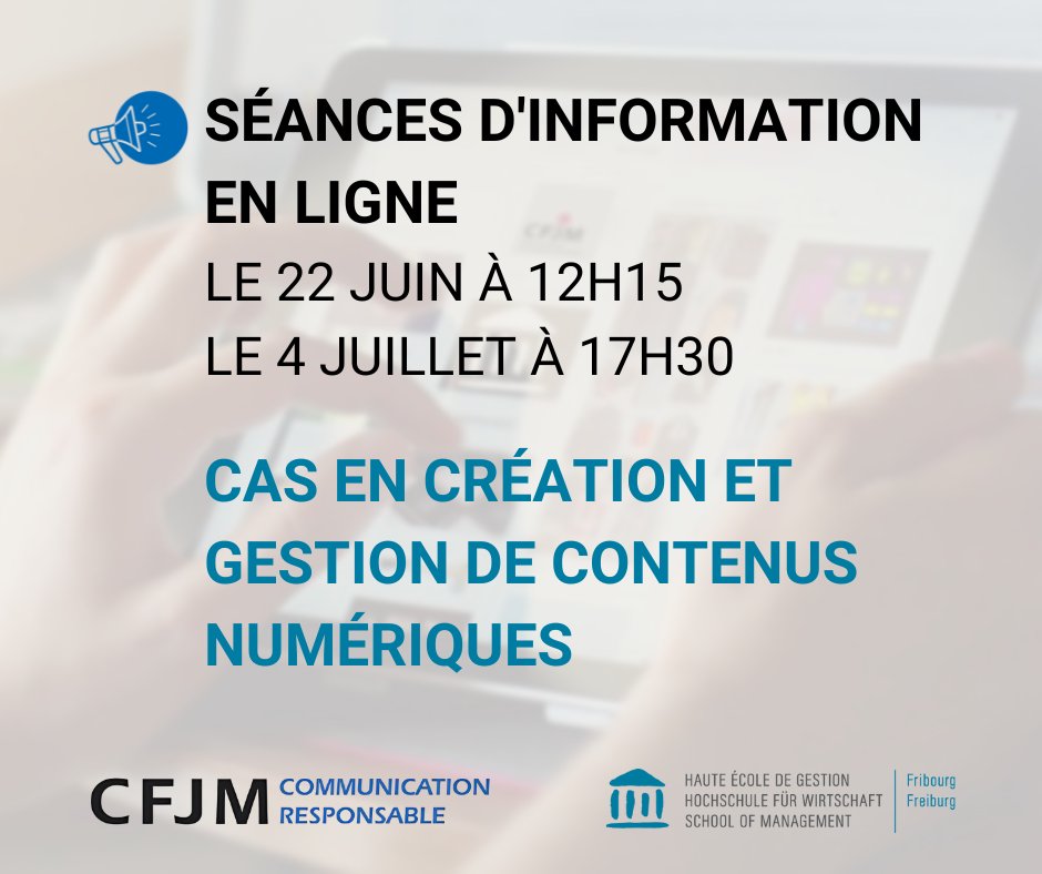 ❗Séances d’information en ligne❗
📅Le 22 juin à 12h15👉lnkd.in/ebshWnzu
📅 Le 4 juillet à 17h30👉lnkd.in/ehvuqge8
🎓CAS en création et gestion de contenus numériques 
🤝En collaboration avec <a href="/HEG_FR/">HEG-FR / HSW-FR</a> 

S'inscrire à la prochaine rentrée👉lnkd.in/dKZ-CBk