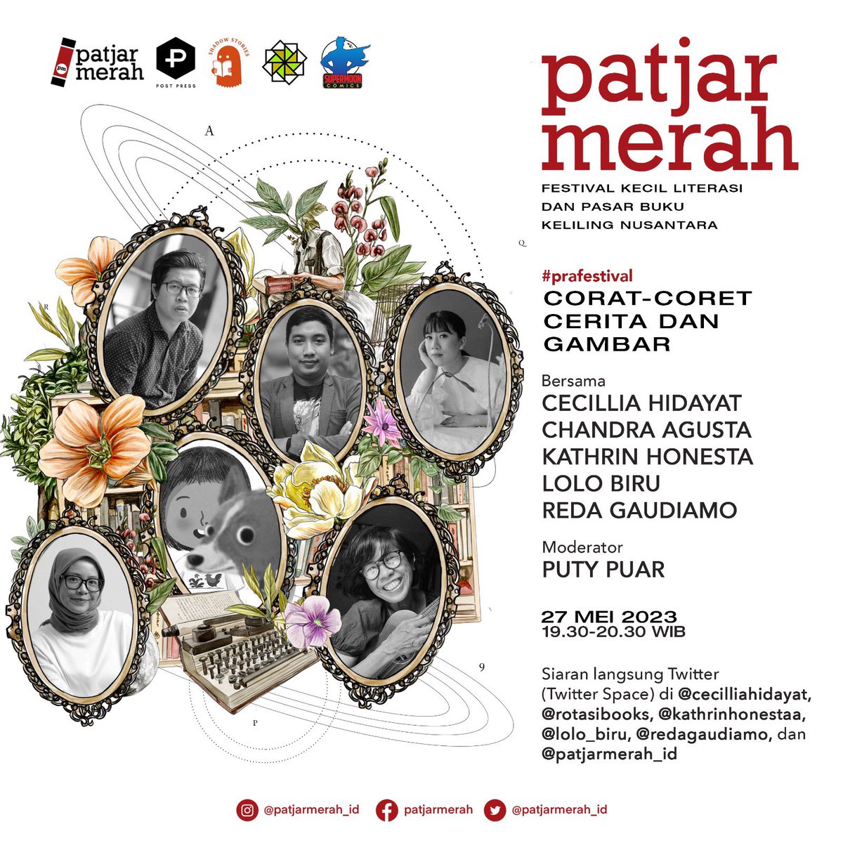 Siap untuk #prafestival? 
Kali ini, akan ada #obrolapatjar mengenai berbagai pengalaman menarik penulis dalam memantik imajinasi untuk membuat ilustrasi pada bukunya. Penasaran? Sabtu, 27 Mei 2023 kita bertemu di siaran langsung Twitter Space, ya?