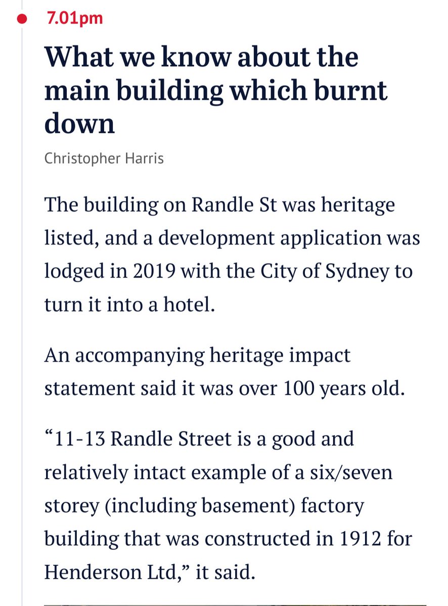 How convenient that these two buildings engulfed in fire today in Sydney's Surry Hills just happened to be vacant, heritage listed, and there is a development application for redevelopment into a hotel... It all sounds very suspicious to me 🤔
