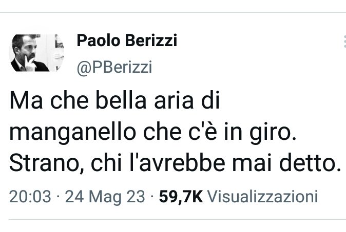 Eggià, proprio aria di manganello, ma non adesso, caro il mio Berizzi fazioso e dalla memoria corta. C'era già ai tempi di Conte, quando correvano dietro alle persone che “pisciavano” il cane e quando con Draghi picchiavano a Trieste i manifestanti facendo abortire madri novax.🤡