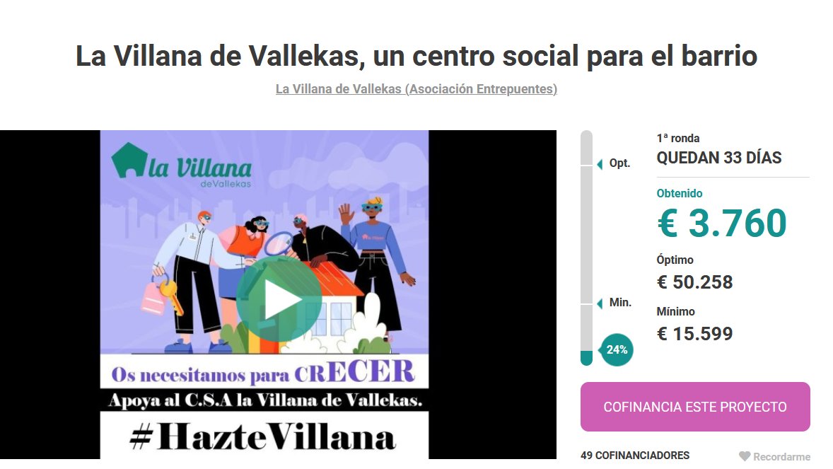 Buenas noticias! En solo 7 días hemos alcanzado el 24% del mínimo necesario para nuestro <a href="/goteofunding/">𝗚𝗼𝘁𝗲𝗼</a> #HazteVillana

Seguimos en campaña para hacer posible un nuevo Centro Social en el corazón de Vallekas, ¿te animas con unos euritos? Comparte!

👉goteo.org/project/la-vil…