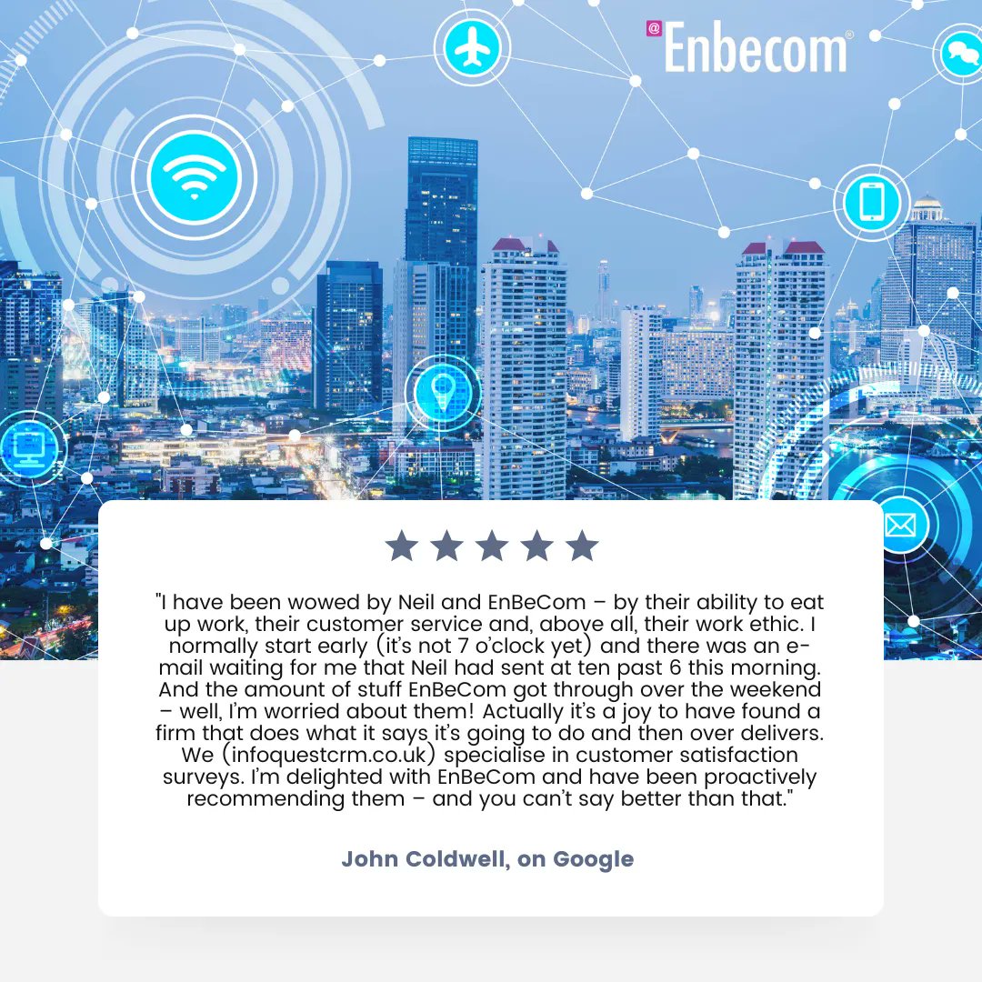 Thanks to John Coldwell for taking the time to comment on our service - and for the excellent rating. Glad to be of service!

⭐️⭐️⭐️⭐️⭐️

Could we help you and your business? enbecom.net

#reviews #feedback #fivestarrating #webhosting #itconsulting