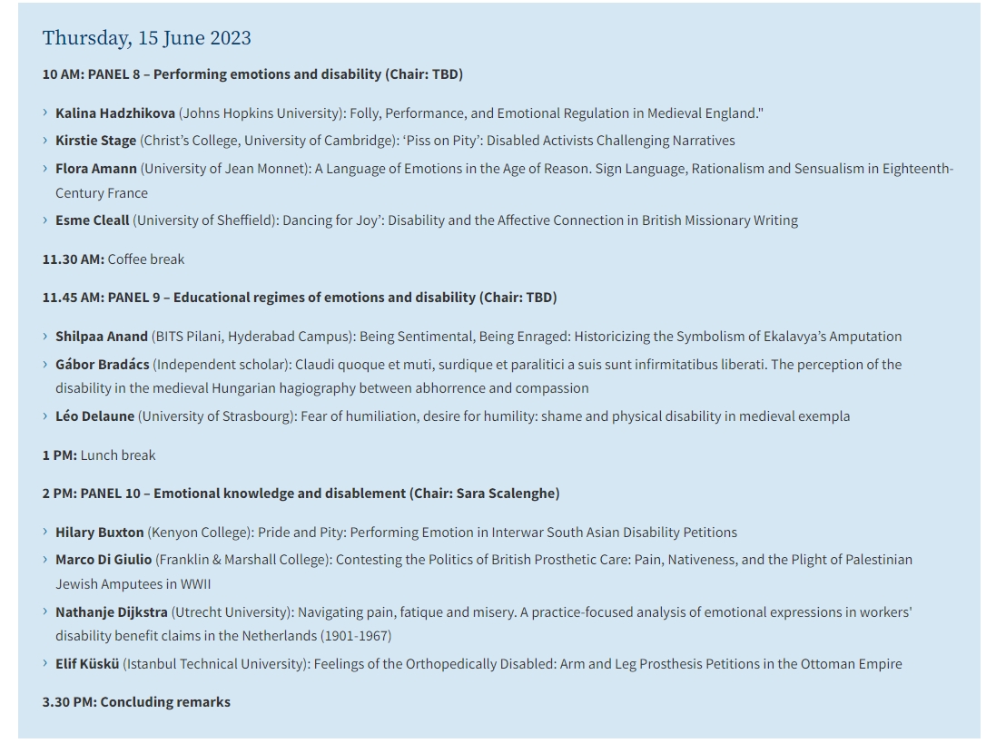 FREE Online conference on histories of disability and emotions organised by <a href="/SaraScalenghe/">Sara Scalenghe</a> <a href="/LoyolaMaryland/">Loyola University Maryland</a>, Pieter Verstraete <a href="/LCHH_KULeuven/">Leuven Centre for Health Humanities</a> <a href="/KU_Leuven/">KU Leuven</a> and myself @TransitionsUR <a href="/UniversiteLiege/">Université de Liège</a> 13-15 June 2023

More than 35 international speakers + 2 keynotes during 3 days!