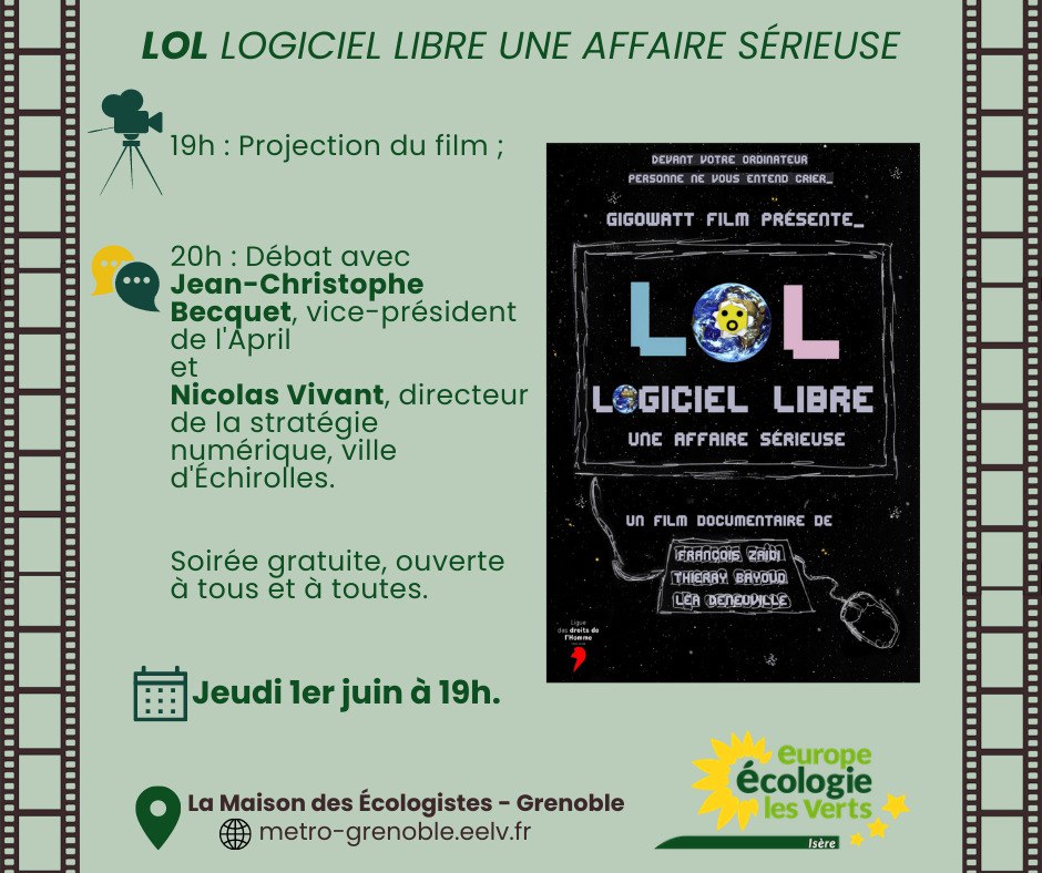 🎥 Venez assister à la projection du film documentaire « LoL – Logiciel libre, une affaire sérieuse »

Puis participez au débat avec Jean-Christophe Becquet et Nicolas Vivant, le jeudi 1er juin à 19h à la Maison des Écologiste à Grenoble

👉 Plus d'infos : metro-grenoble.eelv.fr/lol-logiciel-l…