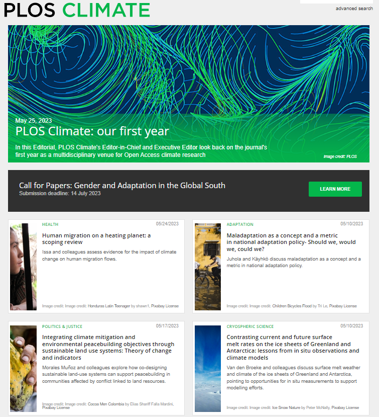 We've updated our homepage, featuring recent publications on #migration, #maladaptation, #peacebuilding, #IceMelt, #WestNileVirus, #carbonmarkets and much more!

🔗 journals.plos.org/climate/