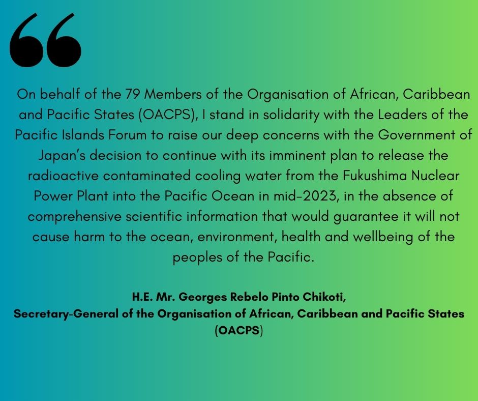 ForumSEC's tweet photo. Statement by SG of @PressACP @ChikotiGeorges on the Government of Japan’s decision to continue with its imminent plan to release the radioactive contaminated cooling water from the Fukushima Nuclear Power Plant into the Pacific Ocean. 
Link: https://t.co/xeWiZBqqPl https://t.co/HXCo3UJyuL