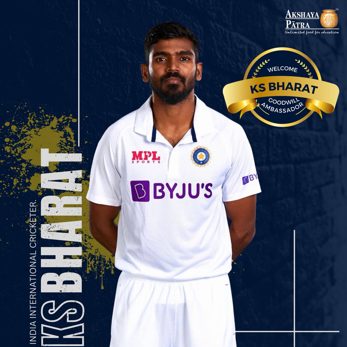 Akshaya Patra (@akshayapatra) on Twitter photo We're happy to announce that <a href="/KonaBharat/">KonaSrikarBharat</a>, Indian International Cricketer and the player of the Gujarat Titans, has graciously accepted our invitation to be the Goodwill Ambassador for The Akshaya Patra Foundation!
We are filled with immense gratitude for Bharat's commitment to We're happy to announce that <a href="/KonaBharat/">KonaSrikarBharat</a>, Indian International Cricketer and the player of the Gujarat Titans, has graciously accepted our invitation to be the Goodwill Ambassador for The Akshaya Patra Foundation!
We are filled with immense gratitude for Bharat's commitment to