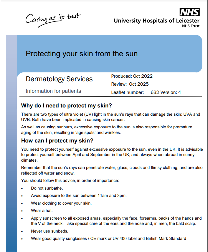 The🌞 is out and it's a #BankHoliday!  Don't forget to protect your skin from the sun.  The importance of sunscreen can be found on YourHealth  #WearSunscreen yourhealth.leicestershospitals.nhs.uk @UHLDermatology @UHLcancercentre @MacmillLeics @Skincnsuhl