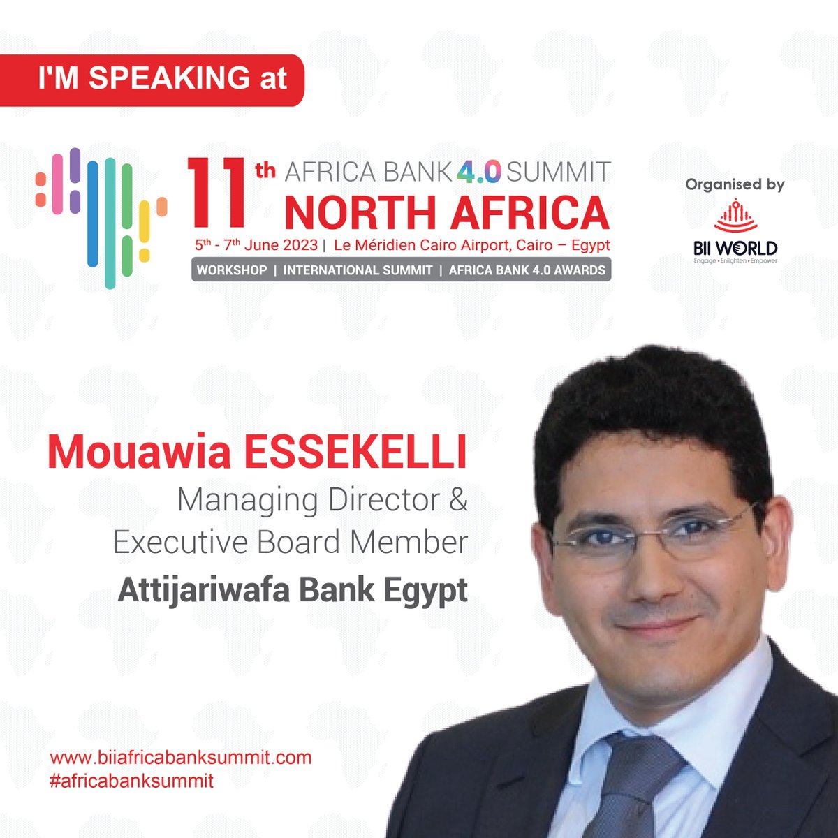 11th #africabanksummit - #NorthAfrica will witness Mouawia ESSEKELLI, sharing his insights on #Digital Access: Deepening #FinancialInclusion in North Africa", during the #CEO Influencer Panel session at the event. Confirm participation: biiafricabanksummit.com/register/
#AfricanBFSI
