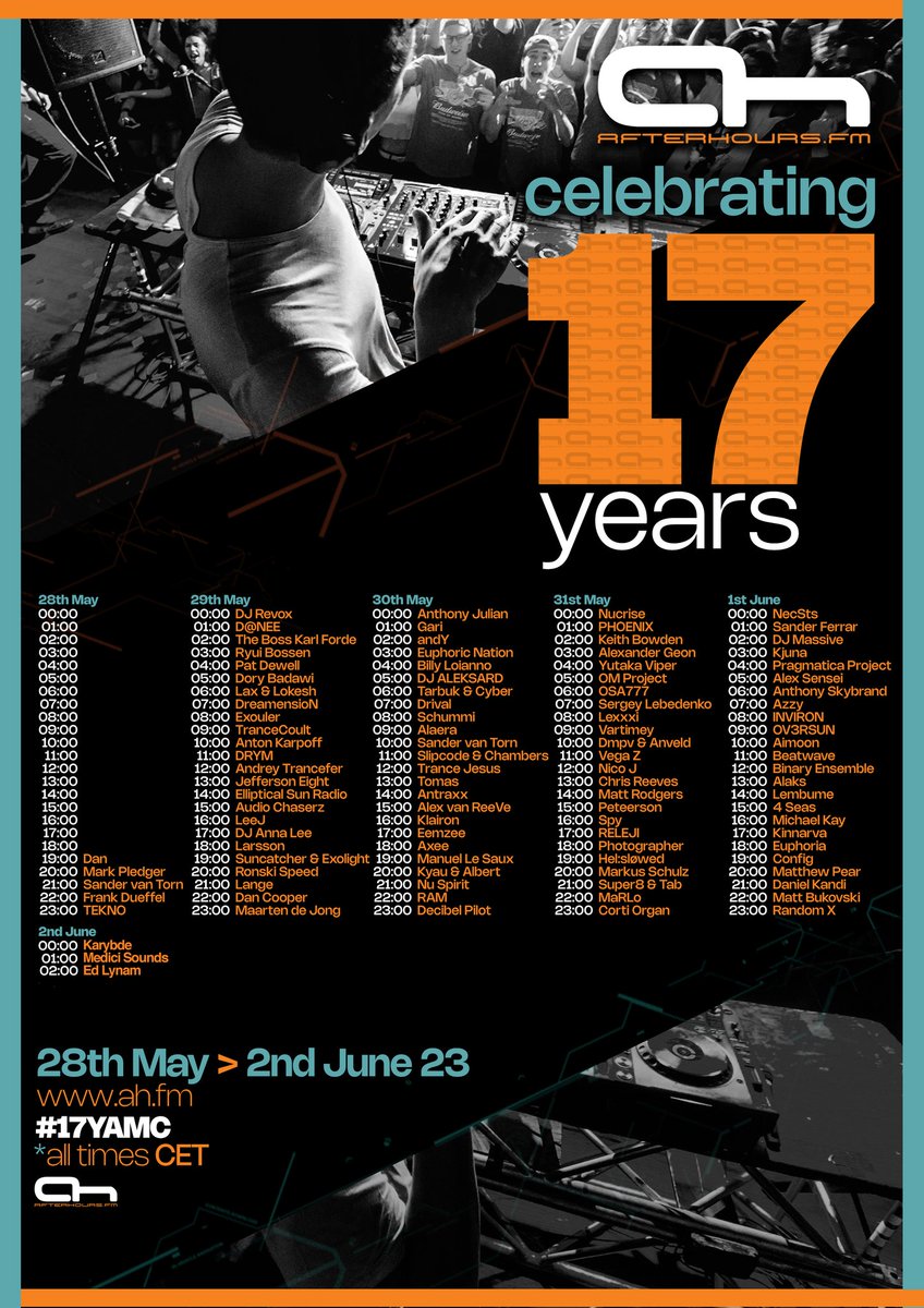 Congratulations to all our friends at <a href="/AfterhoursFM/">AH.FM</a> on 17th years Anniversary celebration. My set time - May 31st 🕕 18:00 CET #17YAMC