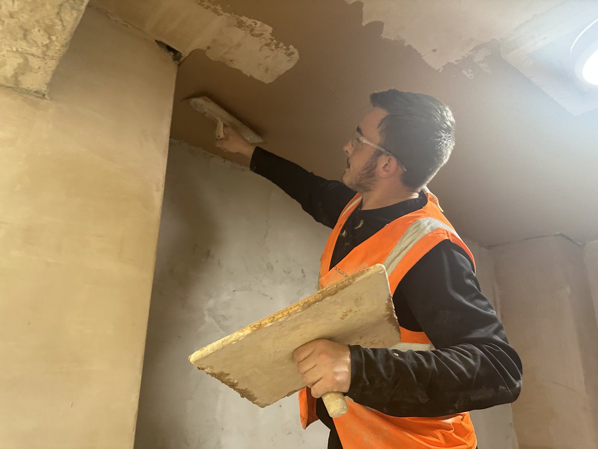 NorthLindsey's tweet photo. Level 2 Extended Diploma in Plastering student Harvey has been busy in the workshop skimming a ceiling yesterday.

Interested in a career in plastering? There is still time to apply for September 2023 entry!

#WeAreNorthLindsey https://t.co/AeMkfeFgm6