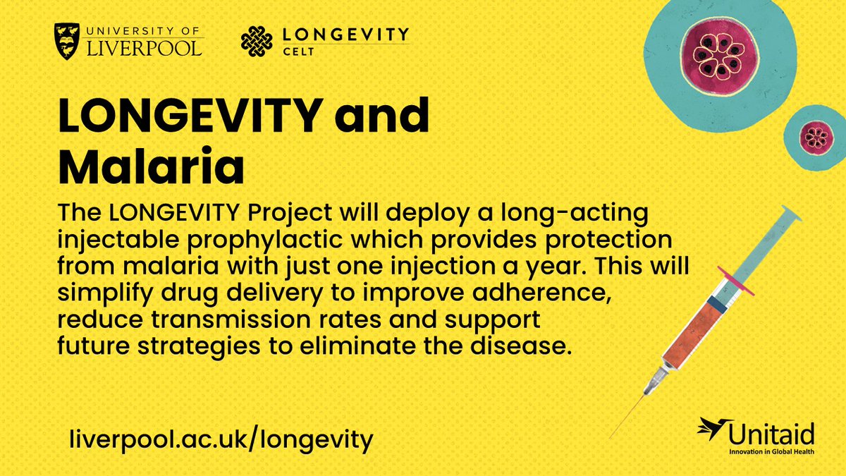 CELTLiverpool's tweet photo. The #LONGEVITYProject will deploy a #longacting injectable to provide protection from malaria with just one injection a year.
Our aim is to
✅Simplify drug delivery
✅Improve adherence
✅Reduce transmission
Find out more 👉https://t.co/iVOMIr31vx https://t.co/TEIDW8FRQc