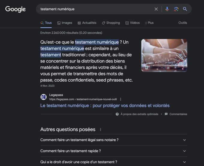 Legapass en position 0 sur la requête "testament numérique".