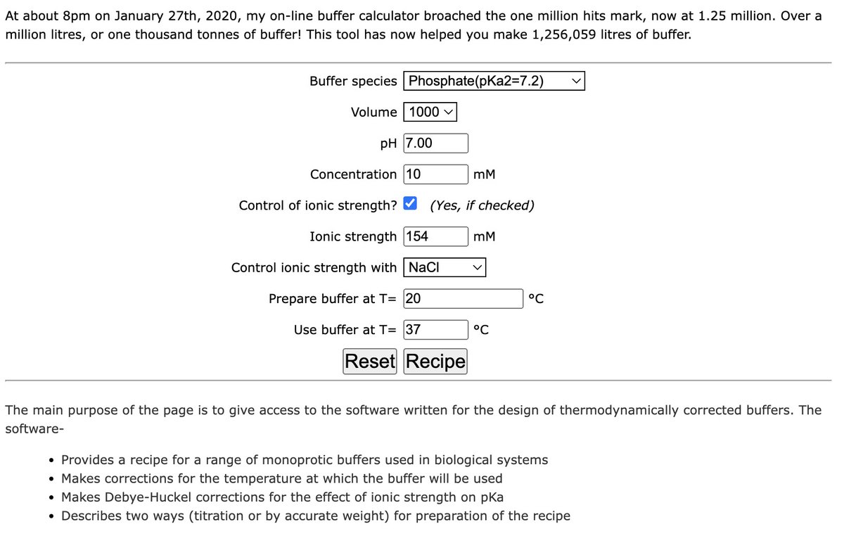 Hey SciTwitter, I'm looking for advice. As many of you know, I maintain a web site and software for the calculation of thermodynamically correct pH buffers. phbuffers.org/BuffferCalc/Bu… Over 1.25M buffers made! I'm retired now, so the costs fall to me. 1/2
