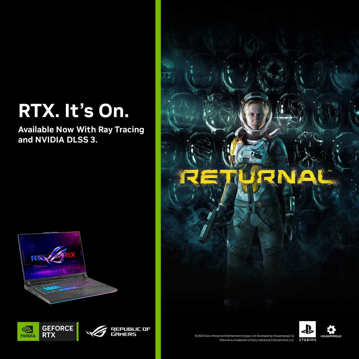 ASUS_ROGUK's tweet image. 🎁GIVEAWAY🎁
Returnal is NOW AVAILABLE with NVIDIA DLSS 3 for
maximum performance! We're also giving away a ROG Strix G GeForce RTX
4070 laptop during Computex 2023!

To enter:
🟢 Like this post
🟢 Comment #BeyondFast