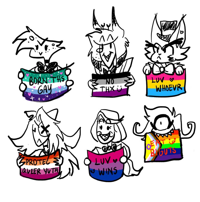 More silly Blitzø inspired pride doodles but this time with the Hazbin crew! 😈🏳️‍🌈
#HazbinHotel #Alastor #Vaggie #AngelDust #HazbinHotelFanart #HazbinHotelAlastor #Pride2023 #PrideMonth #CharlieMorningstar #HazbinHotelHusk #HazbinHotelAngel #niffty