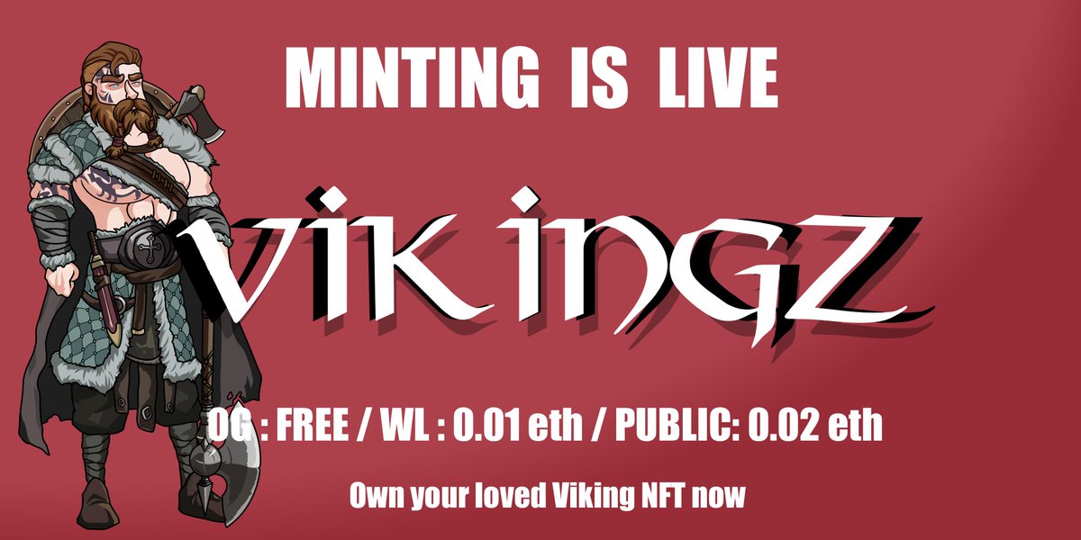 #NFTCommunity Vikingz Mint is live now🔥🎉

with the most stunning artwork ever inspired from Vikingz culture 🚀😎

Vikingz Mint page : vikingz.vercel.app/mint

#NFT #NFTartists #ETH #NFTdrop
