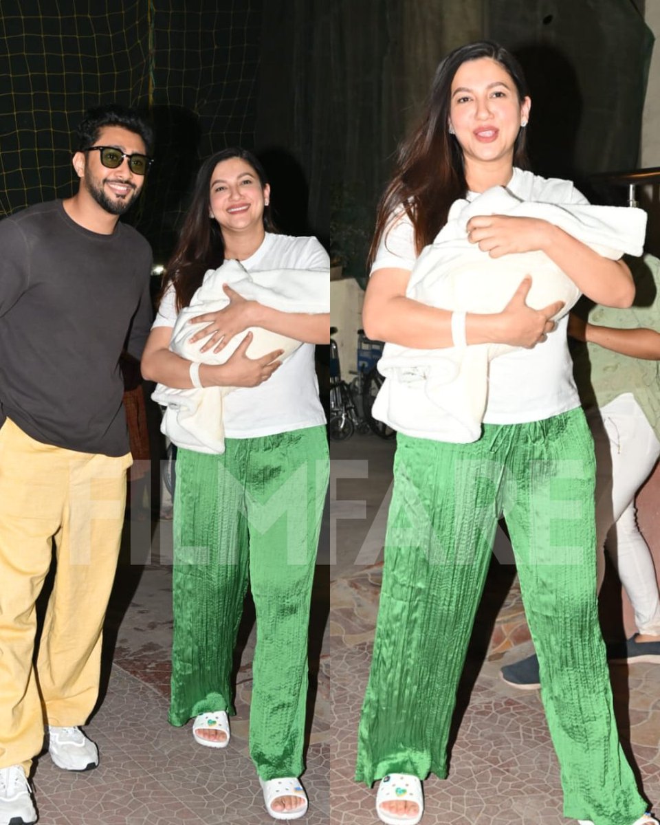 #GauaharKhan and #ZaidDarbar clicked with their newborn son in the city today. 💚