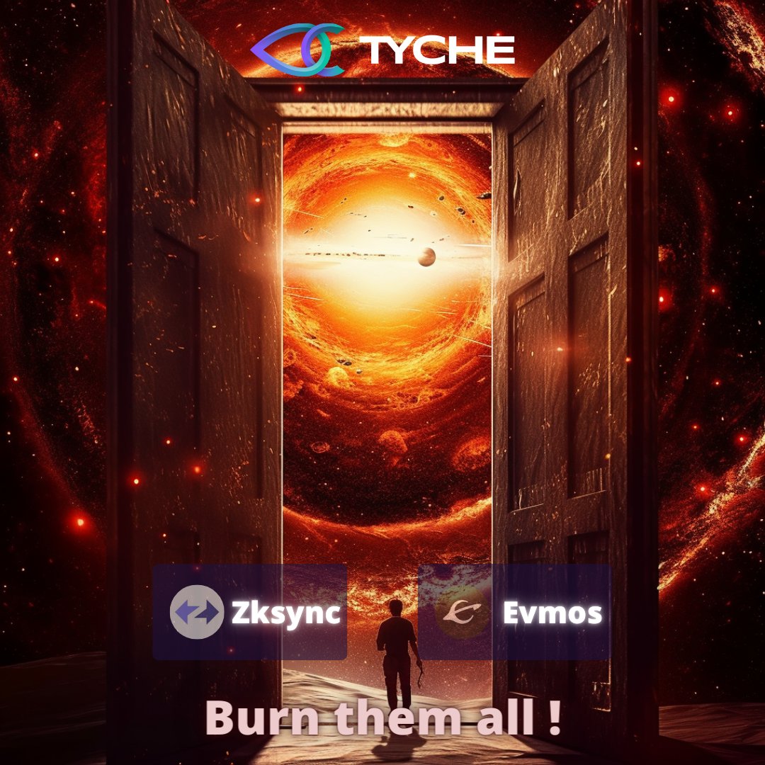 As our mint on #Evmos will end tomorrow 13:00 UTC, it's time.

🔥Let's burn them all!🔥

Each hour :
🔸 21 NFT will be burned 🔥
🔸 21 NFT will be sent to the Treasury wallet (No airdrop for them)

This is your last chance to mint before #Zksync launch :

mint.tyche.zone