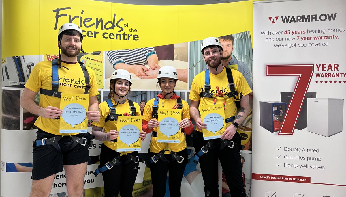 FriendsCCNI's tweet image. An amazing day so far at our #TakeOnTheTower Superhero Abseil! Here are just a few of the brave people who have made today so fantastic. Well done everyone. Thanks to @warmflowuk for supporting today’s event 💛