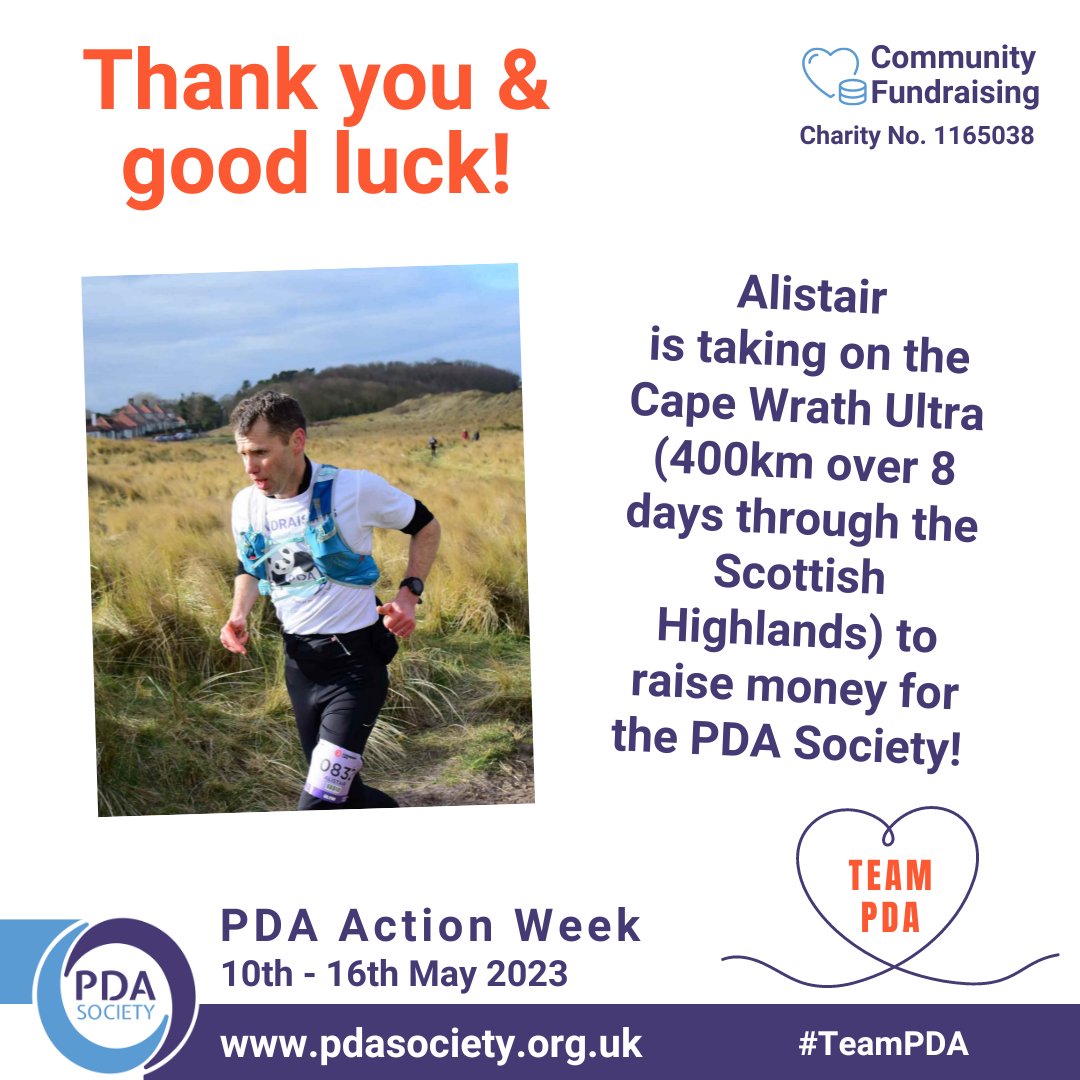 PDASociety's tweet photo. A big thank you &amp; good luck to @alistairsmith99 for taking on the #CapeWrathUltra (400km/8 days through the Scottish Highlands) to fundraise for #PDAActionWeek! We're hugely grateful for your support! 

To donate &amp; read Alistair’s #TeamPDA story pls visit https://t.co/pktl9AFfXe https://t.co/MMsXPWCu8t