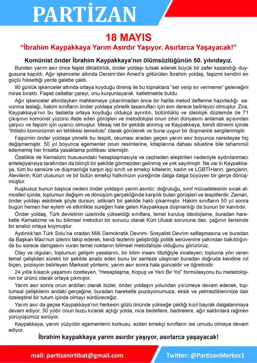 İbrahim Kaypakkaya Yarım Asırdır Yaşıyor Asırlarca yaşayacak!
Nerede Bir Direniş Varsa Kaypakkaya Orada Yaşıyor!
#Kaypakkaya50Yıl 
#18Mayıs
#İbrahimKaypakkaya