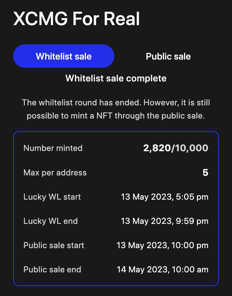 WEB3_XCMG's tweet photo. The WL round has ended with 2820 NFTs minted!
Thank you all for your support!❤️

🙋‍♂️Public sale begins on the website https://t.co/bXzSxWmgfi
⏰May 13th, 22:00 - May 14th, 10:00 am UTC+8. https://t.co/37vzpD7ivT