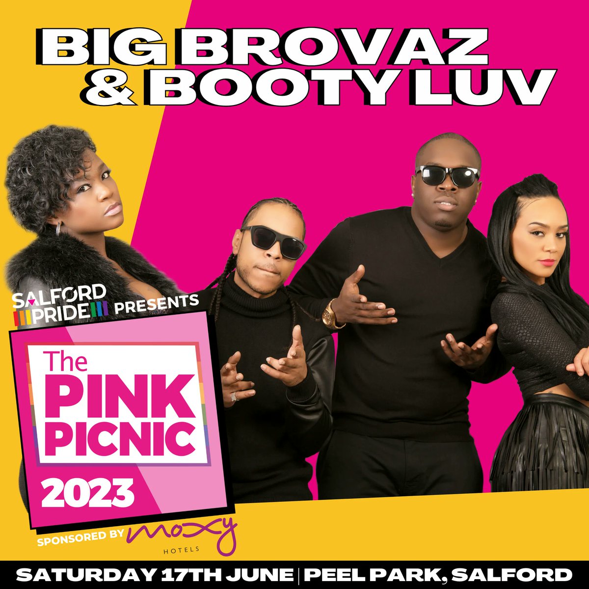 🚨HEADLINER ANNOUNCEMENT🚨DID YOU WANT ANOTHER 🥳 Salford Pride are excited to announce @RealBigBrovaz & @BootyLuv will be joiniing @NadineCoyleNow @iamblackpeppa @baileymills99 and @nimmonimmo headlining The Pink Picnic 2023 🔥 Tickets are available NOW buff.ly/3LL8hmr