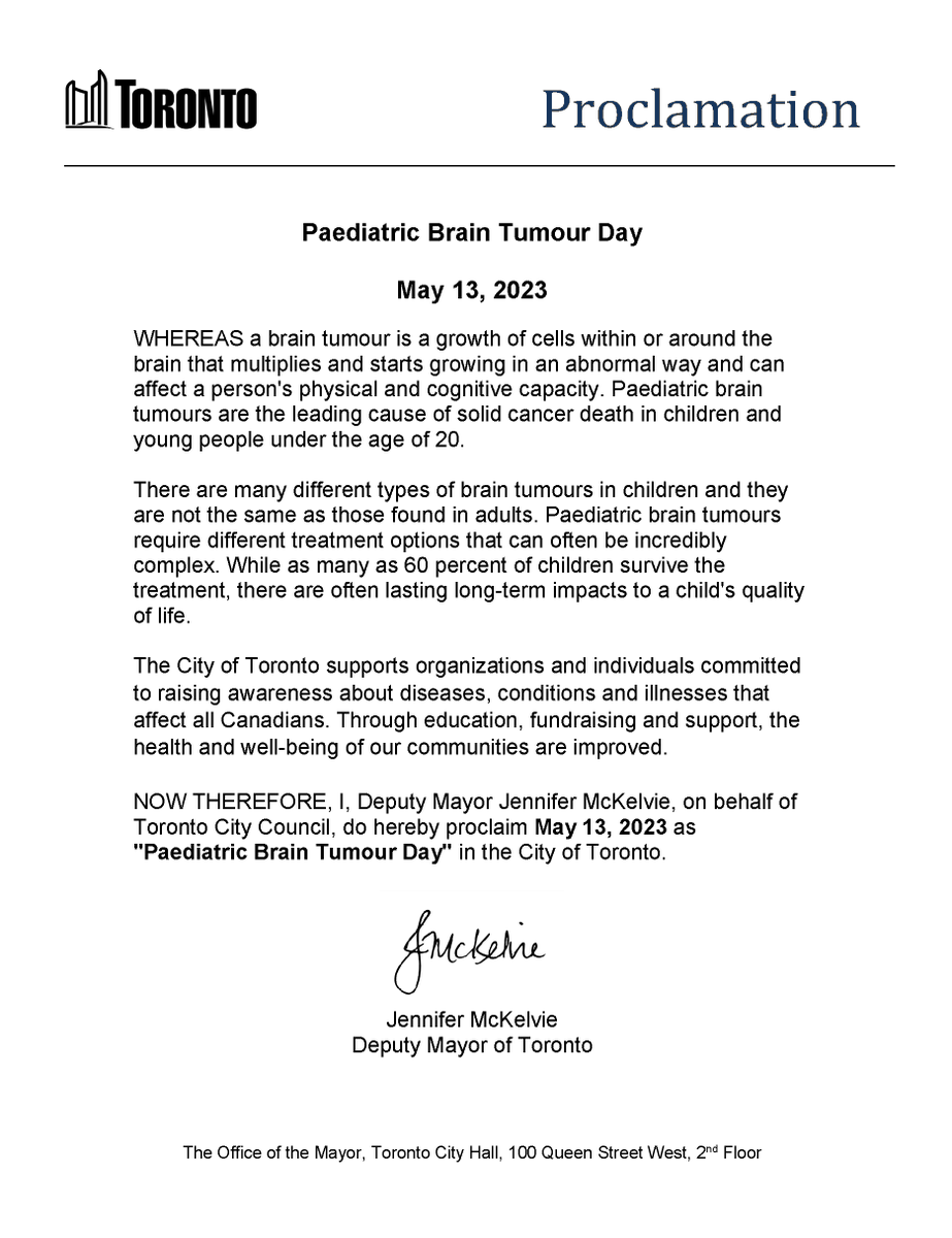 meaganbebenek's tweet photo. May 13, 2023 is proclaimed Paediatric Brain Tumour Day in the city of Toronto.

#BrainTumourAwarenessMonth #22ndannualHUG #TogetherWeHUG https://t.co/wpS3MrHC5k