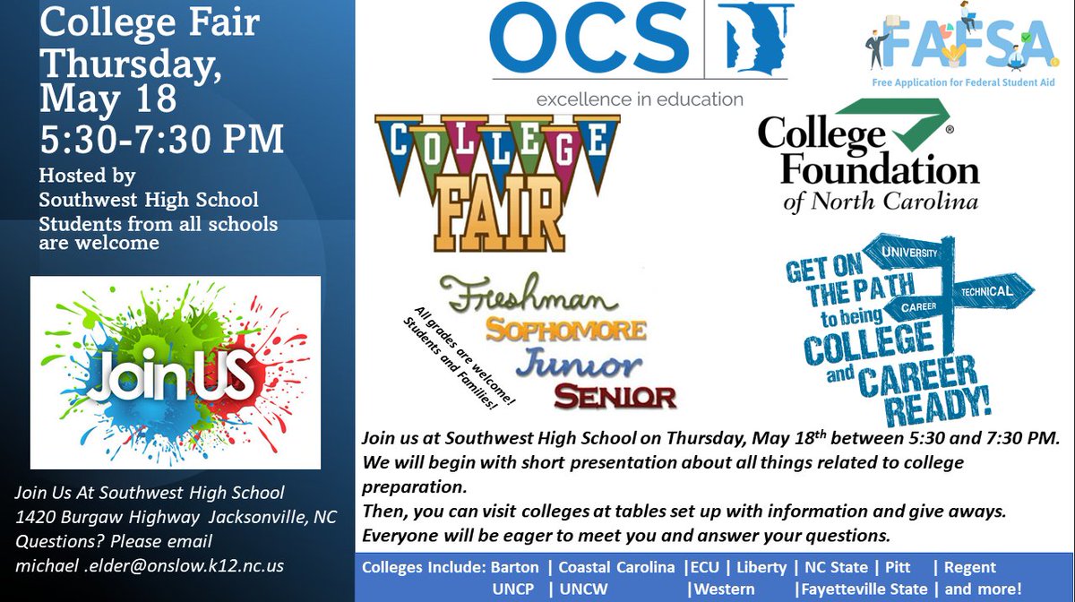 Next week, OCS families will have the opportunity to meet college representatives and learn more about college preparation! Join us for the OCS College Fair on Thursday, May 18 at 5:30 p.m. at Southwest High!