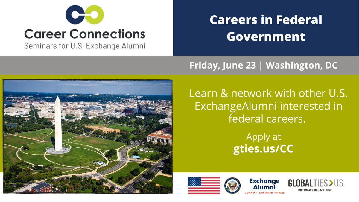 U.S. #ExchangeAlumni: Apply for #CareerConnections in Washington, D.C. on June 23 to connect with other U.S. #ExchangeAlumni, build your resume, and learn about careers in the federal government. Apply by June 5! bit.ly/ApplyNowCareer… <a href="/ECAatState/">Educational & Cultural Affairs—U.S. Dept. of State</a> <a href="/GlobalTiesUS/">Global Ties U.S.</a>