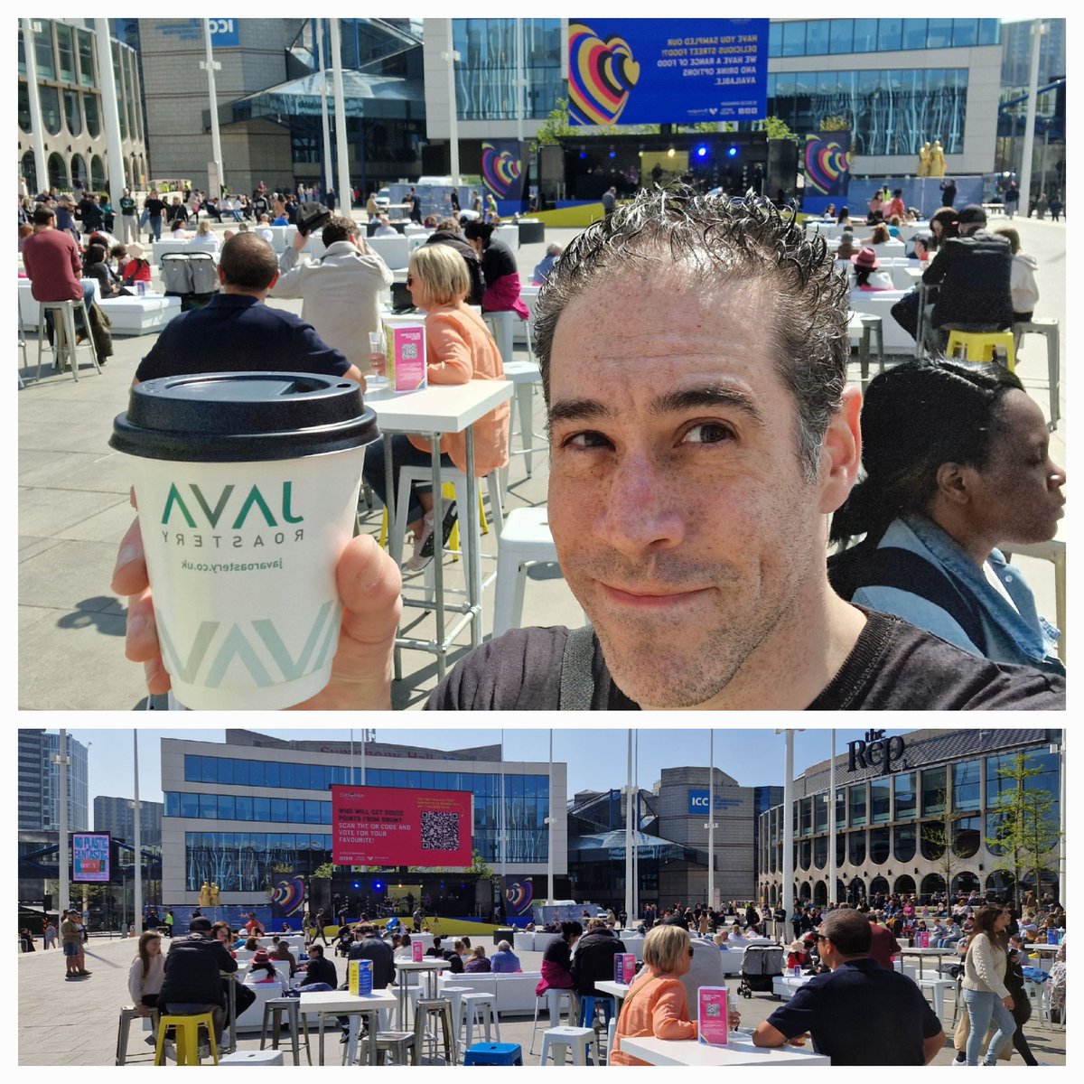 Ja Ja ding dong!

Thanks for the caffeine <a href="/javaroastery/">Java Roastery</a>! We've already got a crowd gathering in Centenary Square for today's #Eurovision2023 fan zone, sponsored by <a href="/ColmoreBID/">ColmoreBID</a>. The sun is out, music is on already. Let's goooo!