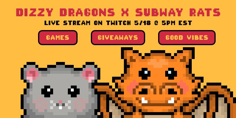 DizzyDragonsNFT's tweet photo. Dizzy Dragons and @subwayratsnft are teaming up! That's right, double the fun! We love to collab and are so honored to be collaborating with one of the best communities around! Come Join in the FUN Thursday 5.18 - 5pm EST #games #giveaways #goodvibes https://t.co/8MB6rXbref