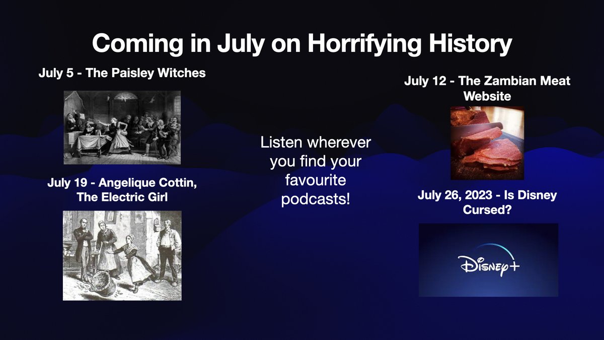 Coming up in July on #HorrifyingHistory...witchcraft, curses, espionage, cannibalism, the paranormal, and much more‼️

#darkcastnetwork #podnation #horror #creepy #scary #scarystories #horrorfan #spooky #truecrime #truecrimecommunity #truecrimejunkie