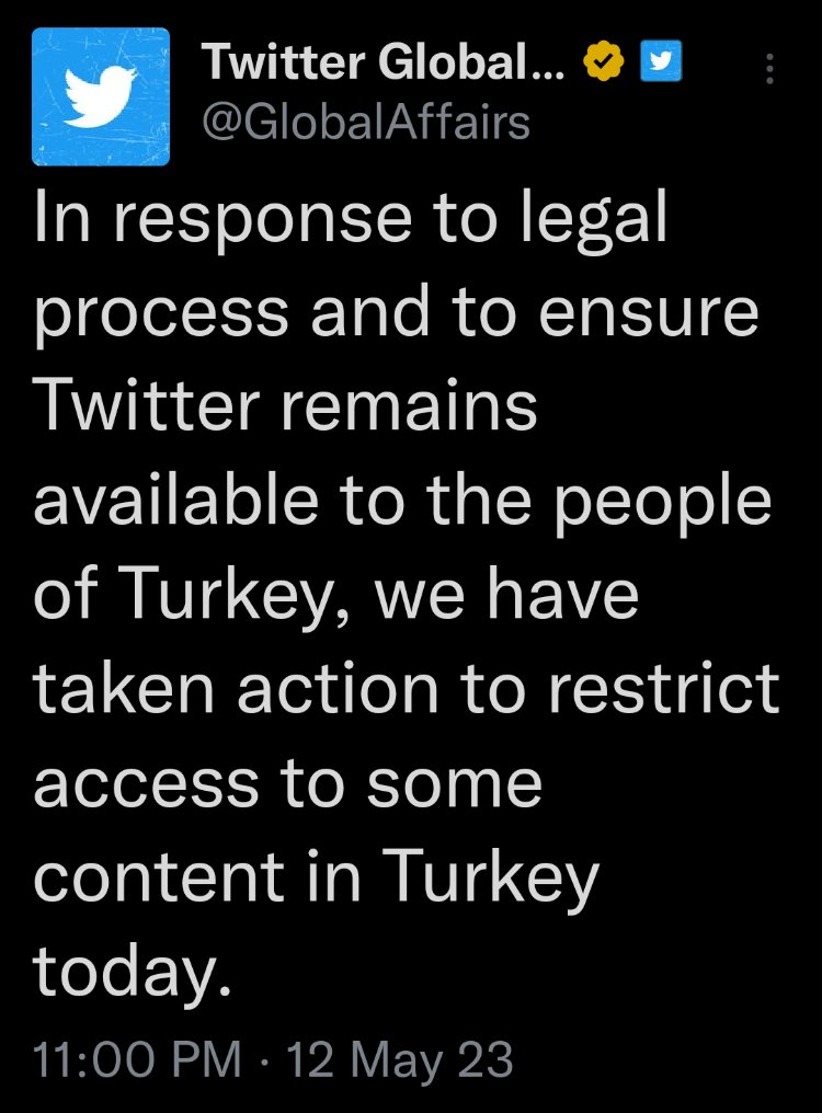 Nothing to see here. Just Elon Musk, "champion of free speech," censoring Twitter content in Turkey the day before their presidential election, at the request of its current president, Erdogan.

All good, yes?