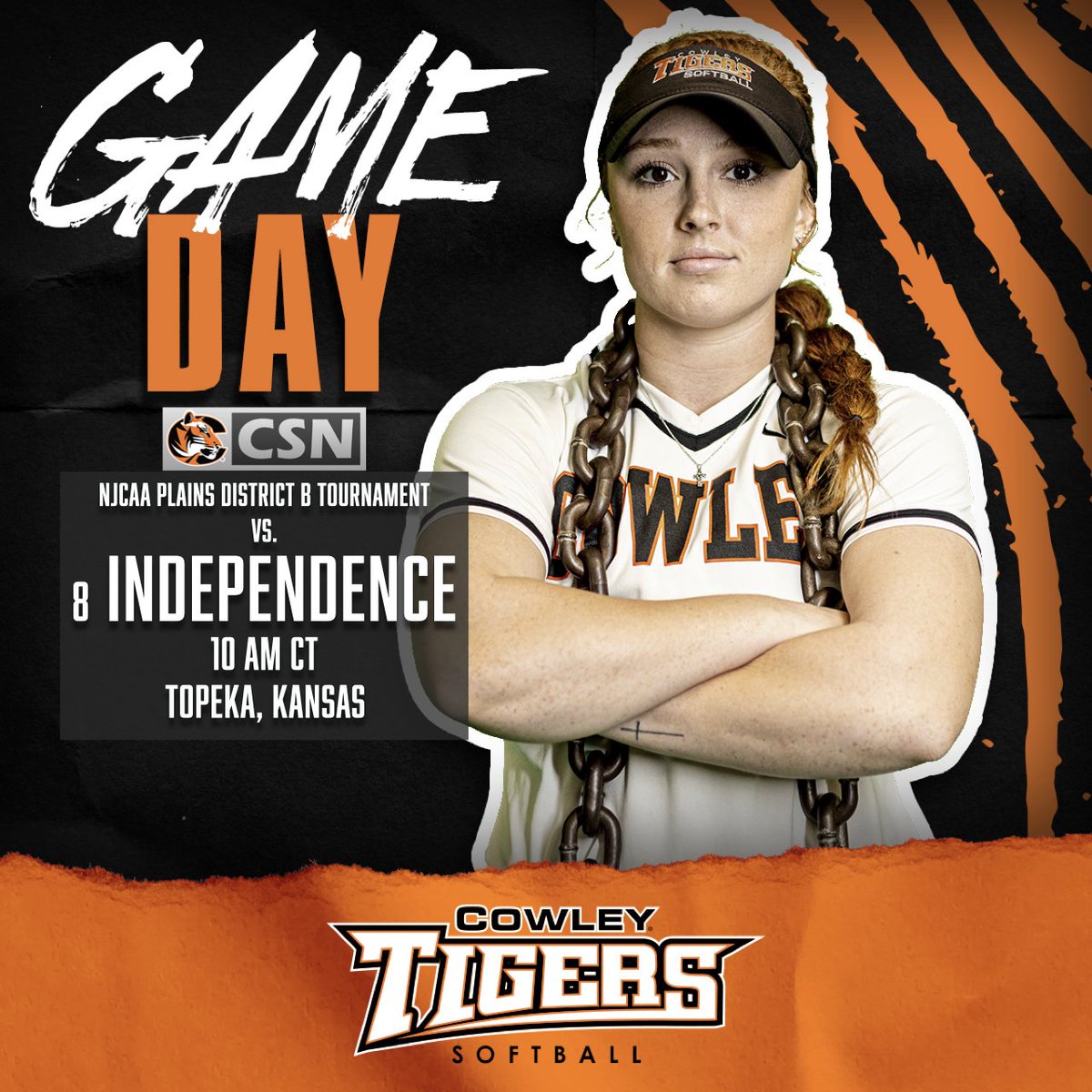 GAMEDAY: <a href="/cowley_softball/">Cowley Softball</a> takes on Independence in the Plains District Tournament.

📍 Lake Shawnee Softball Complex (Topeka)
⏰ 10 AM CT
💻 cowleytigers.com/csn
📺 KJCCC Smart TV App
📱 CowleyGO App