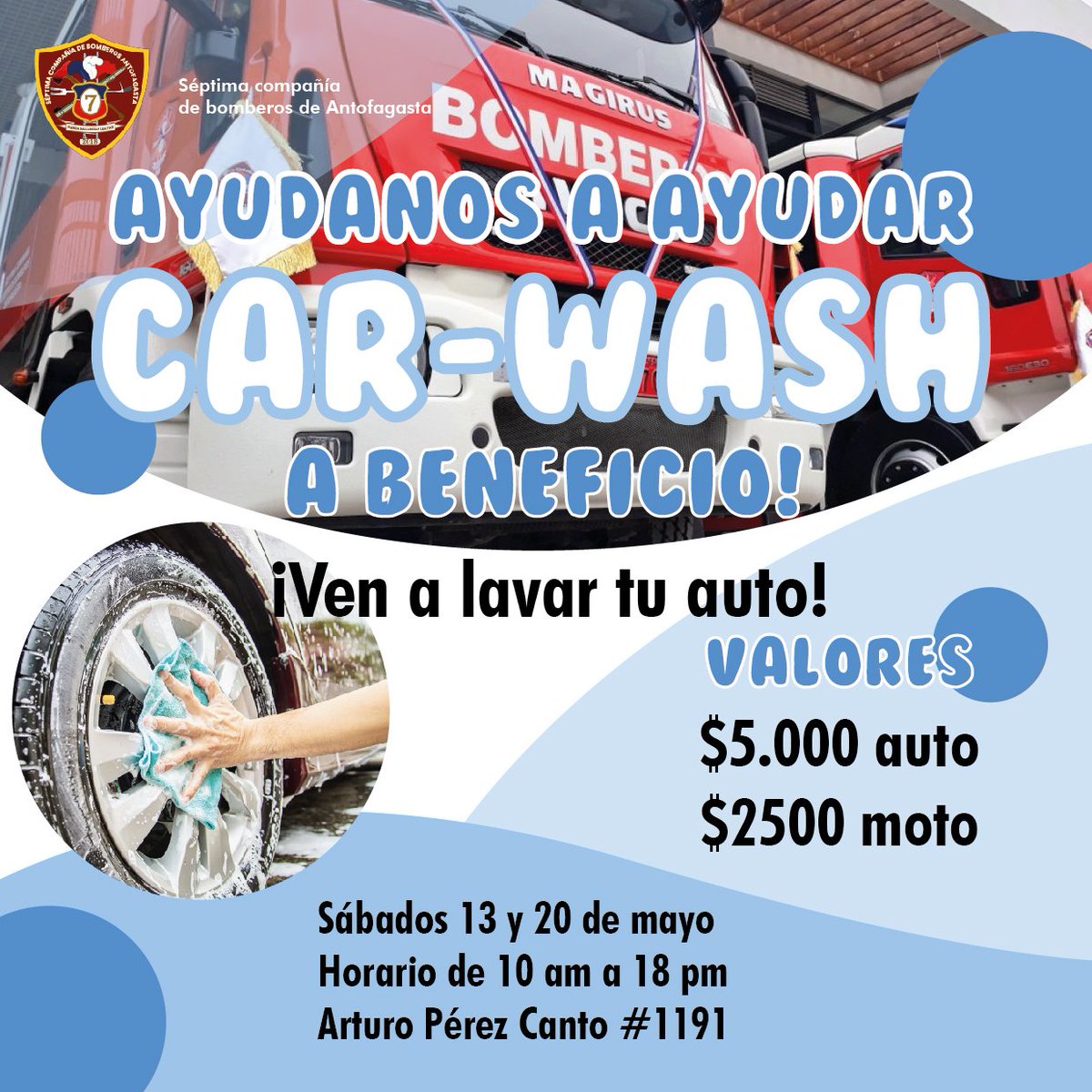 Bomba7ma's tweet image. Hola #Antofagasta 👋 
Estamos realizando un Carwash a beneficio de nuestro bombero, para ayudarlo a costear los gastos médicos de su operación. 
Los estaremos esperando en la explanada de nuestro cuartel.
Avda Perez Canto #1191. 

*solo lavado exterior*
RT 🫶