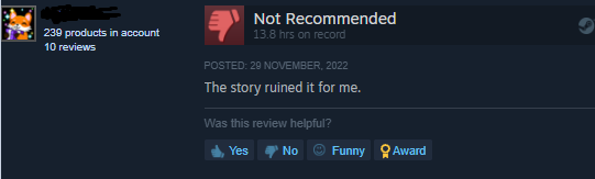 Planeshifters's tweet photo. This is my favorite Yaengard review of all time.
✅ Played for 14 hours
✅ Followed the story
✅ Decided to review

🔻Not recommended, story bad.

It's unironically magnificent. To play an #indiegame #RPG, follow the story &amp; decide it was so bad they can't recommend it. 

10/10 https://t.co/QxeIxp9ZBm